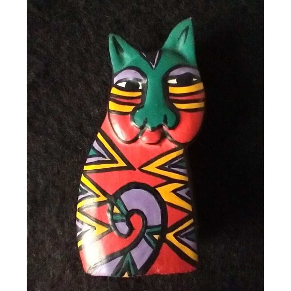 Vintage Laurel Burch Collectible Hand Painted Wooden Cat Kitten 3" Figurine